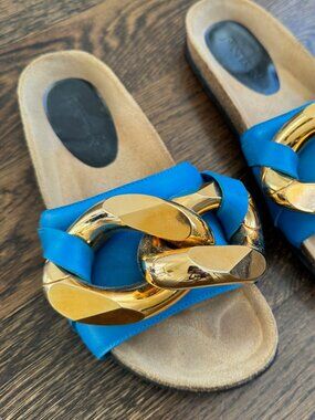 JW Anderson Chain Slide Sandal — Iconic Statement Flat — Turquoise/Blue